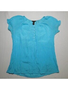 Bit & Bridle Women's Medium Turquoise Aqua Blue Henley Blouse Short Cap Sleeve P